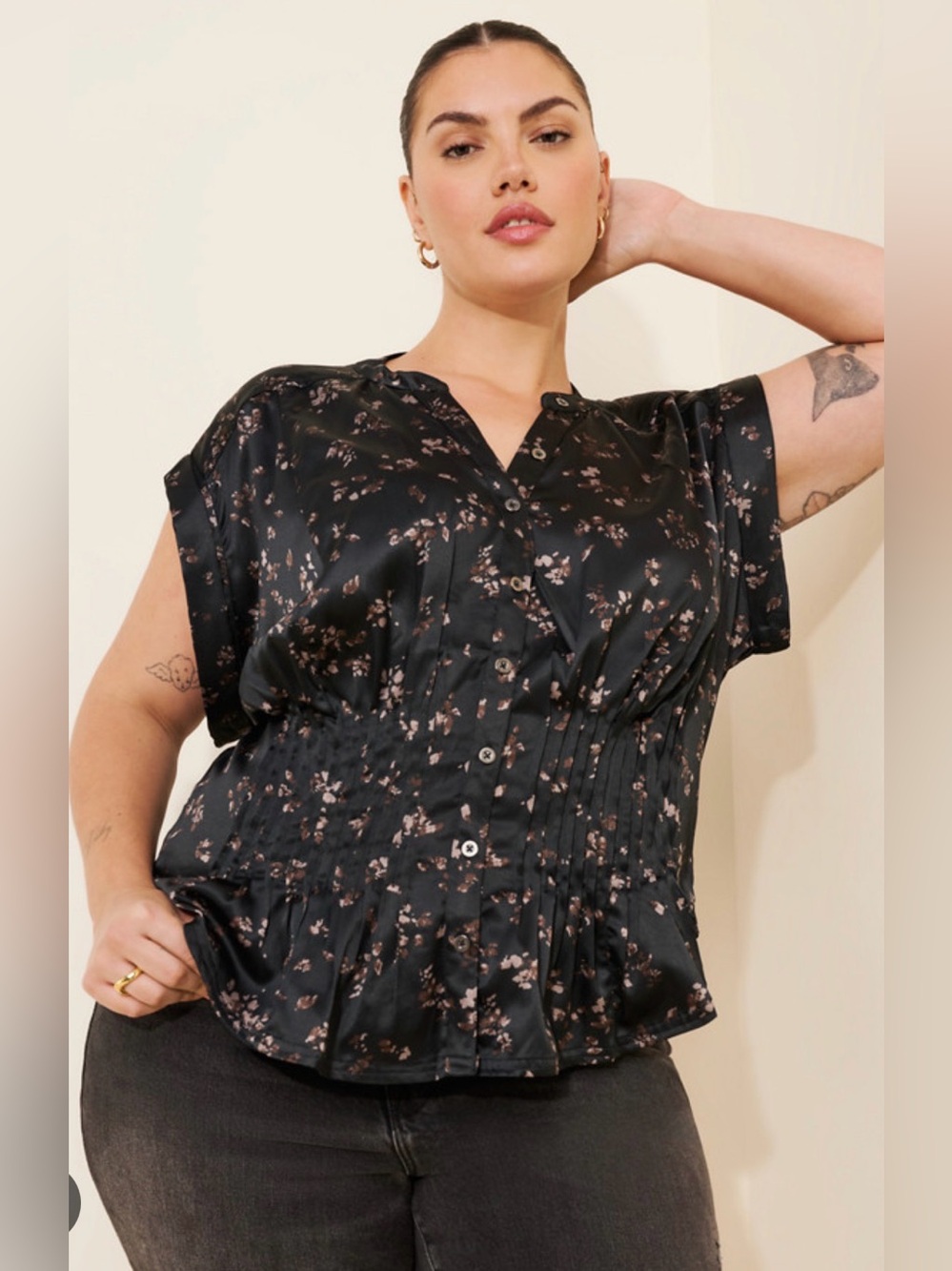 Anthropologie black linden silken pleated waisted blouse by pilcro